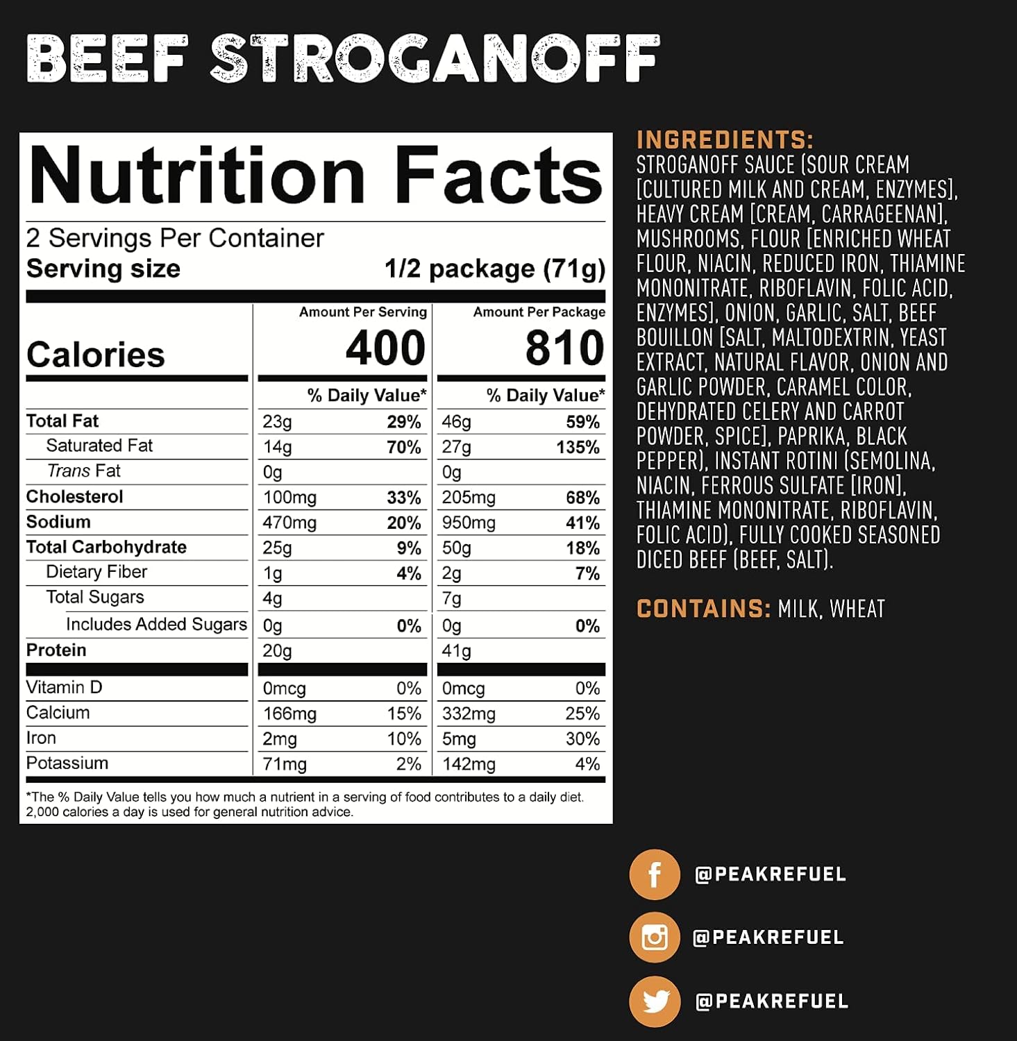 Peak Refuel Beef Stroganoff | Premium Freeze Dried Camping Food | Backpacking & Hiking MRE Meals | Just Add Water | 100% Real Meat | 41g of Protein | 2 Serving Pouch : Sports & Outdoors