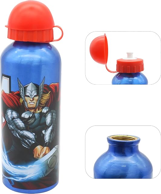 Kids Licencing 500ml Marvel Avengers Thor Aluminium Canteen Sports Drinking Water Bottle for Unisex Kids, Leak Proof Portable Blue with Cap, Back To School Summer Accessories Boys Girls 3+ Years