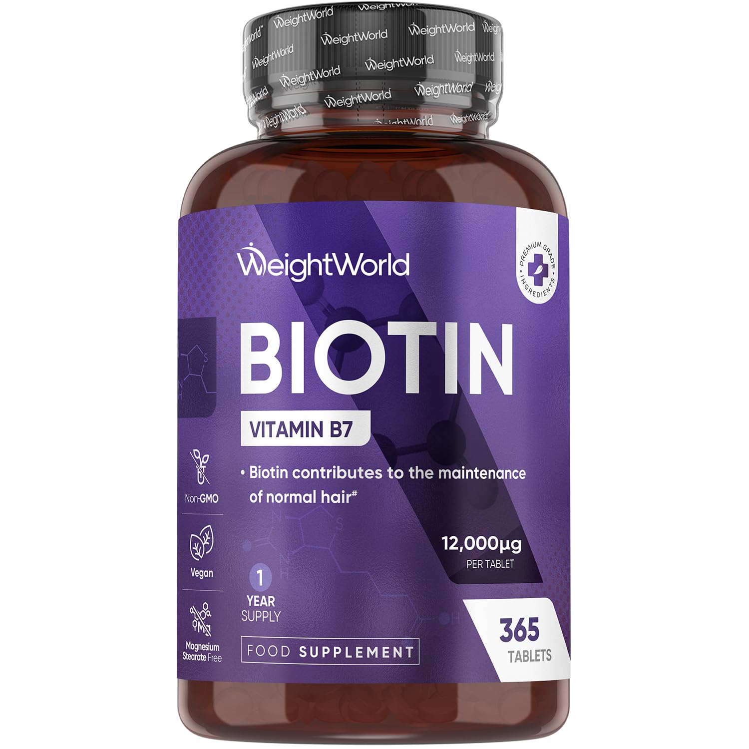 Biotin Tablets - 365 Vegan Tablets - 1 Year Supply - 1 Tablet per Day - 12000mcg Biotin Supplements - Travel-Friendly, Non-GMO & Magnesium Stearate-Free Vitamin B7 Supplement