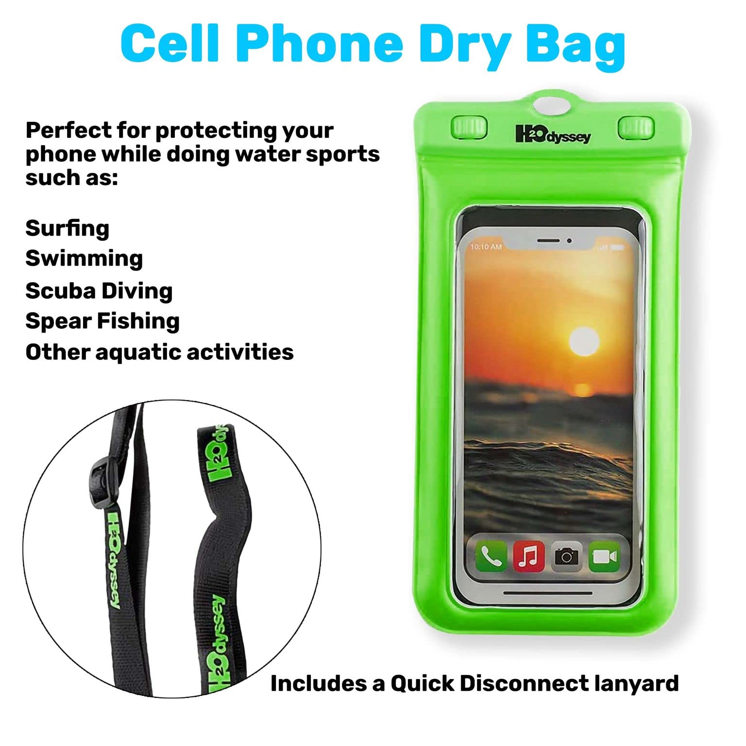 H2ODYSSEY Funda impermeable para teléfono y cordón, excelente protección impermeable, flota en el agua verde