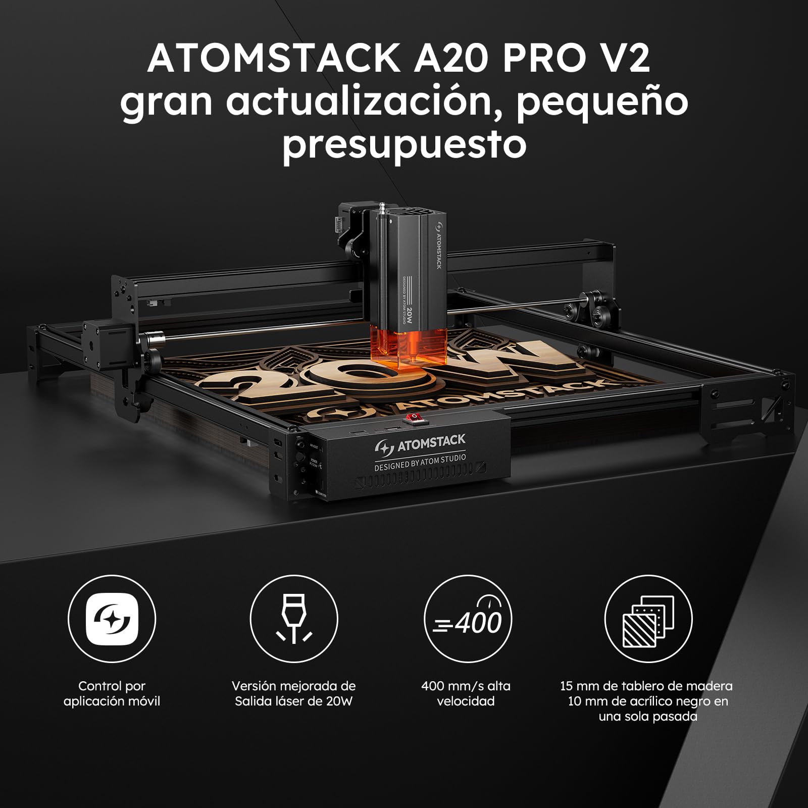 ATOMSTACK SWIFT A20 PRO V2 20W Grabadora Láser Área de Grabado: 410×380 mm Cortadora Láser de Alta Precisión Para Regalos Personalizados Madera Metal Acrílico Cuero (SWIFT A20 PRO V2 20W Negro)