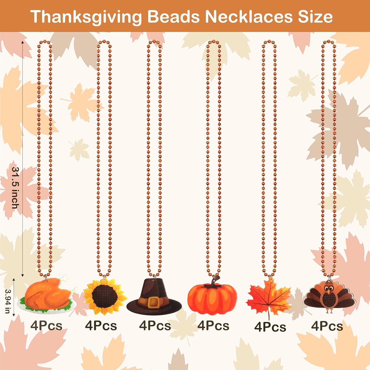 24 Pack Thanksgiving Beaded Necklaces, 31.5 Inch Metallic Orange Beaded Necklaces with Cute Turkey Pumpkin Maple Leaf Felt Pendants for Fall Harvest Festival Decoration, Thanksgiving Party Supplies
