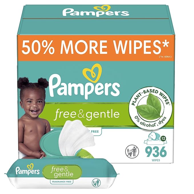 Pampers Free & Gentle Baby Wipes, 99% Water, Hypoallergenic, Unscented, 100% Plant Based, Plastic-Free Baby Wipes, 936 Baby Wipes Total (12 Flip-Top Packs)