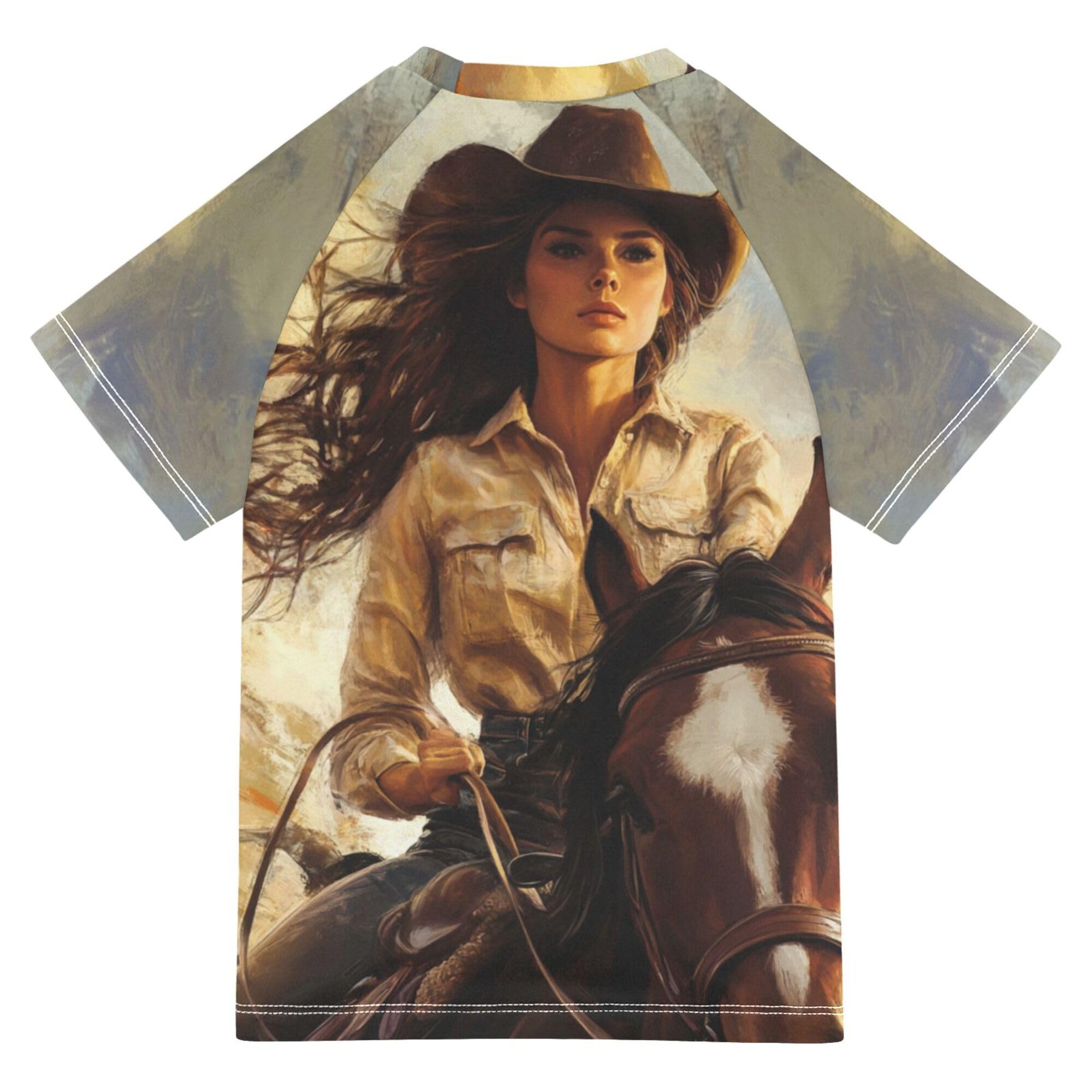 Western Cowgirl Sunset Bathing Suit Girls UV Protection Baseball Shirts Swimwear Beach Tops 3T