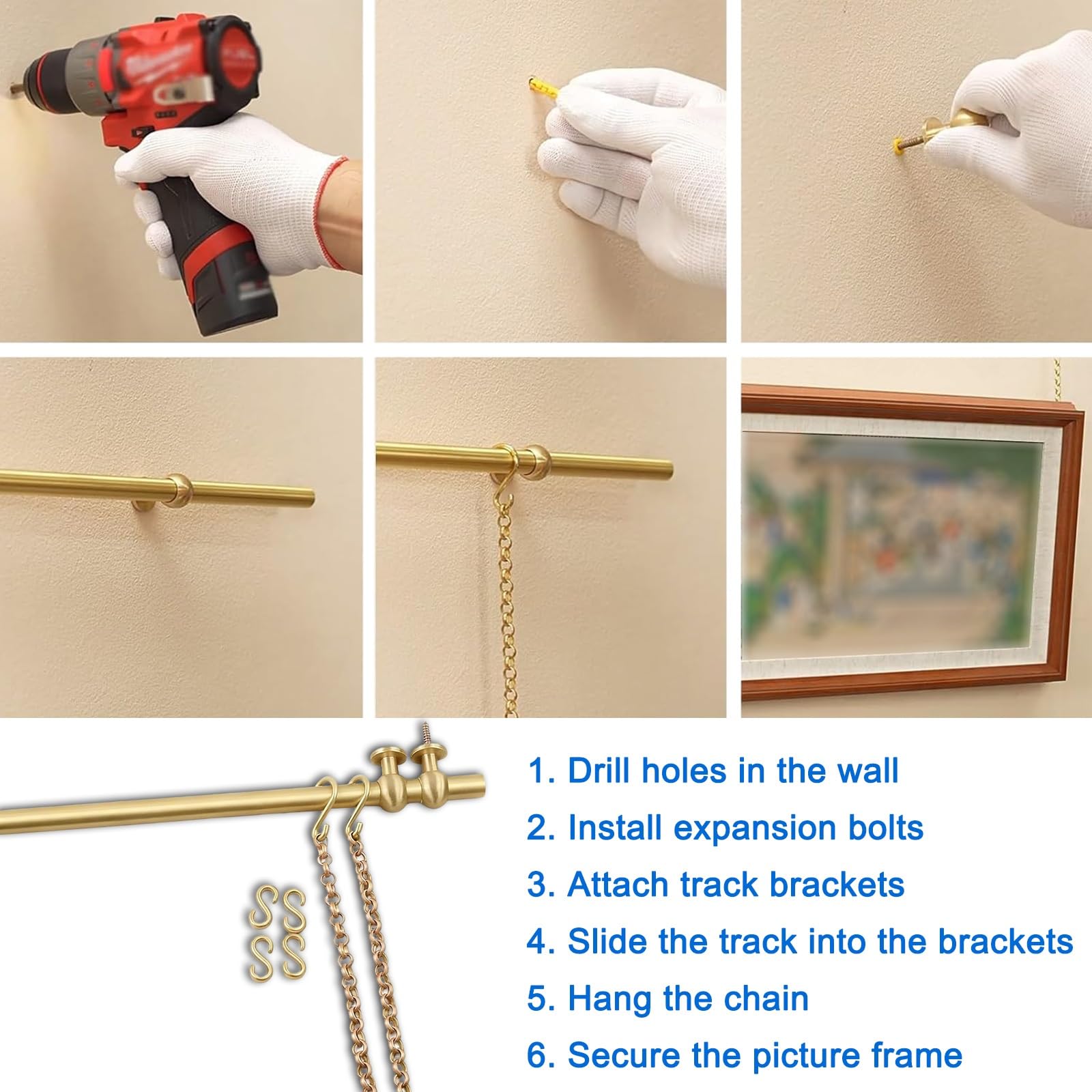 Kit De Pared Resistente para Colgar Arte y Marcos, Sistema para Colgar Cuadros, Kit De Riel De Galería De Latón, Riel Colgar Cuadros Exposición De Pintura / Museo(0.50m (19.7in))