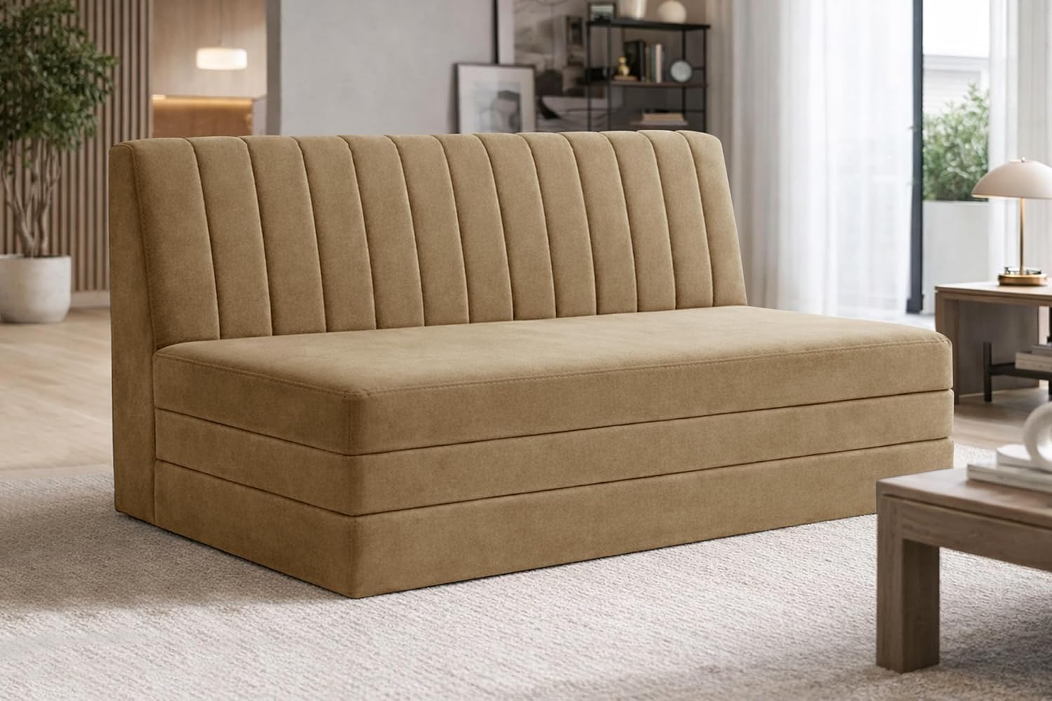Deco Studio 3-Seater Floor Sofa Cum Bed Modern Velvet Fabric Folding Couch for Living Room, Guest Room & Small Spaces-Golden