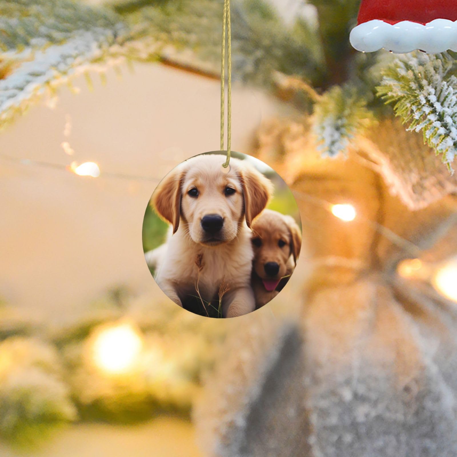 Christmas Ornaments for Christmas Tree Decoration Ceramic Hanging Cute Golden Retriever Puppy Ornament with Gold Ribbon Crafts Round Pendant for Keepsake Gifts Glass Xmas Decor Party Supplies