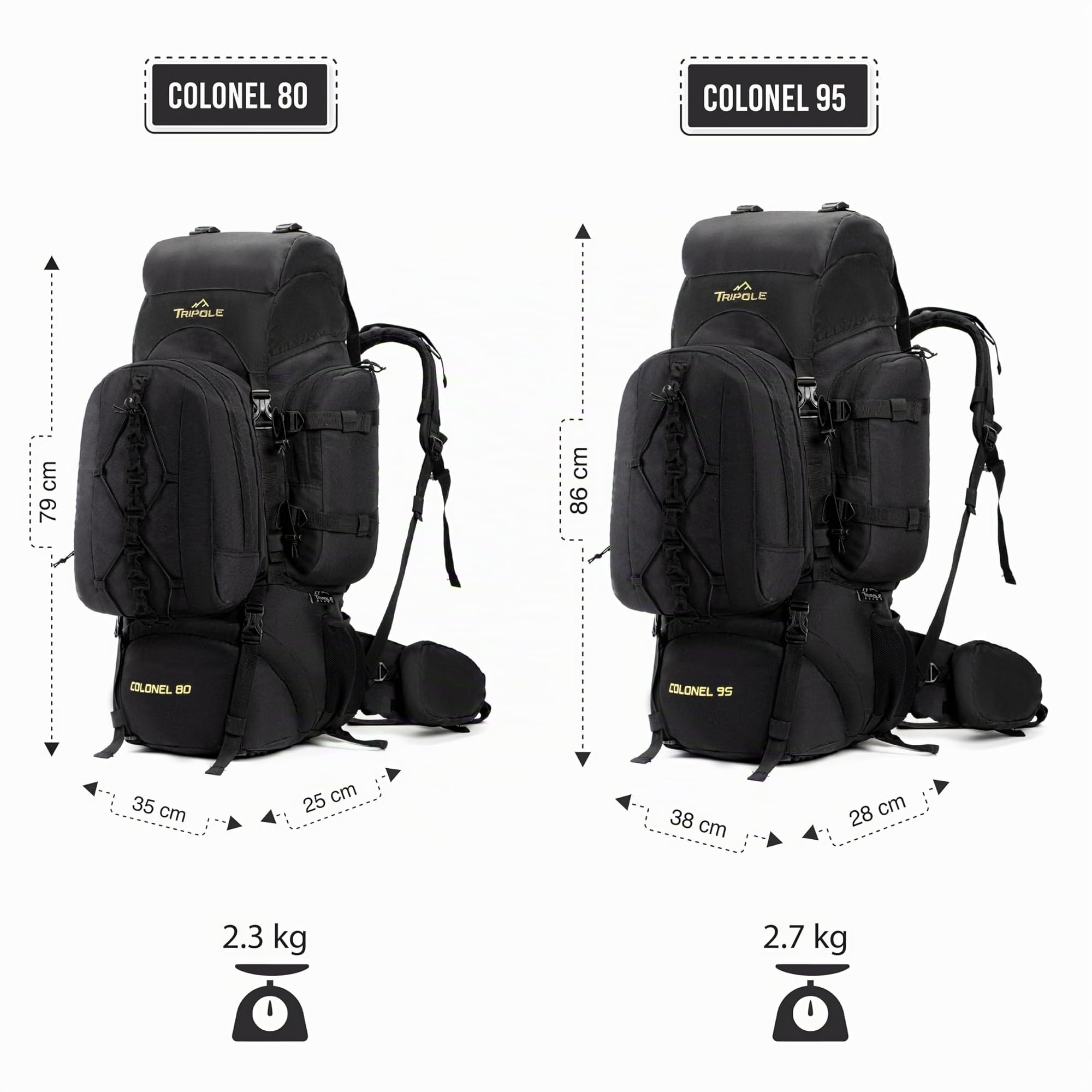 Tripole Colonel Sac à Dos 95L Voyage & Randonnée avec Sac de Jour Amovible 12L – Pour Femmes et Hommes, Sac à Dos Étanche avec Cadre Interne et Housse de Pluie, Camping & Trekking – Noir