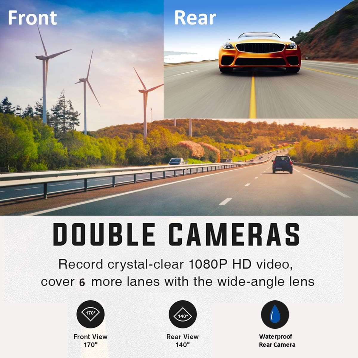 Illustration of double cameras showing front view 170 degrees and rear view 140 degrees, with a note about waterproof rear camera.