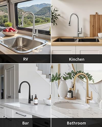 Miniatura 8 de PUSU Grifo de cocina de níquel cepillado de 18 pulgadas de alto con rociador extraíble, grifo de fregadero de cocina de níquel de una sola manija