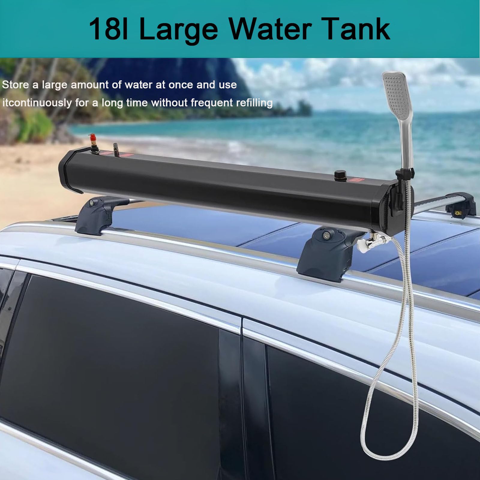 Depósito de agua presurizado portátil para duchas de camping y lavado de vehículos, compatible con uso terrestre y fuera de la red con manguera y boquilla