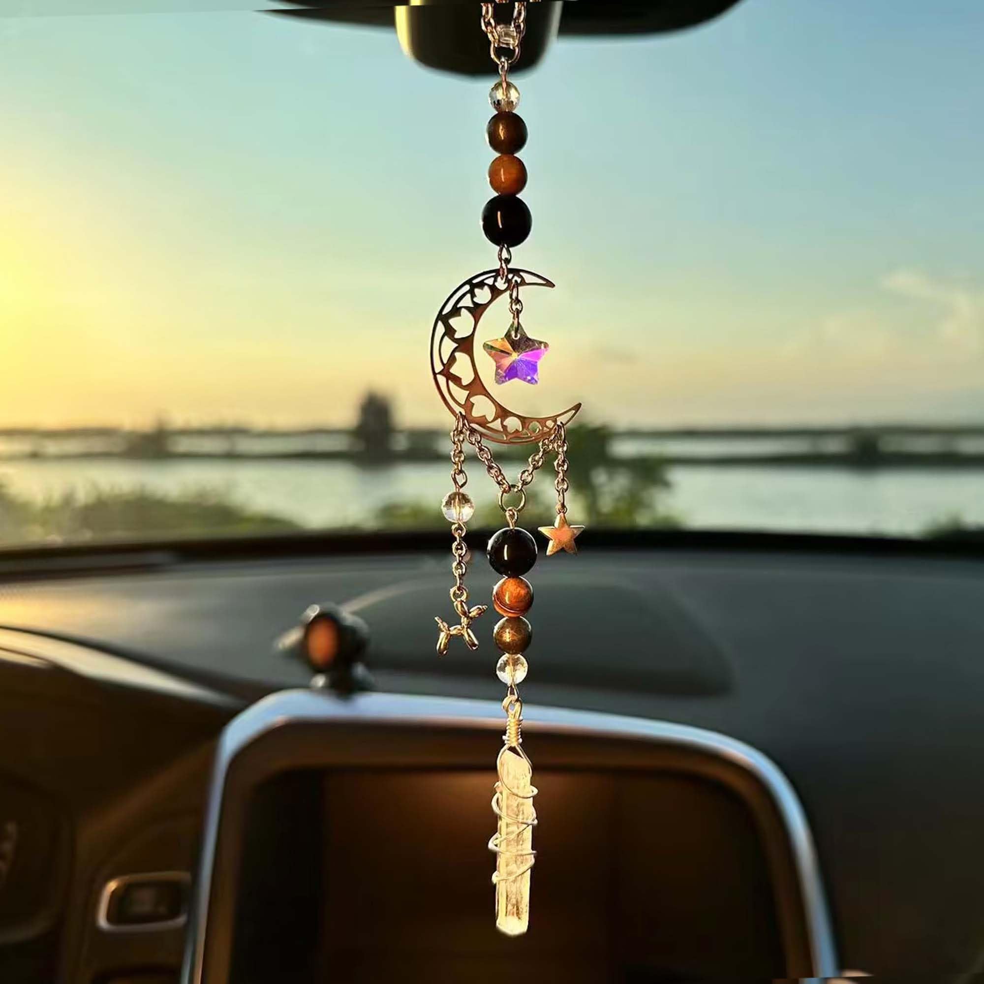 Sun & Moon Car Charm Hanging - Boho Rear View Mirror Decor With Healing Crystals
