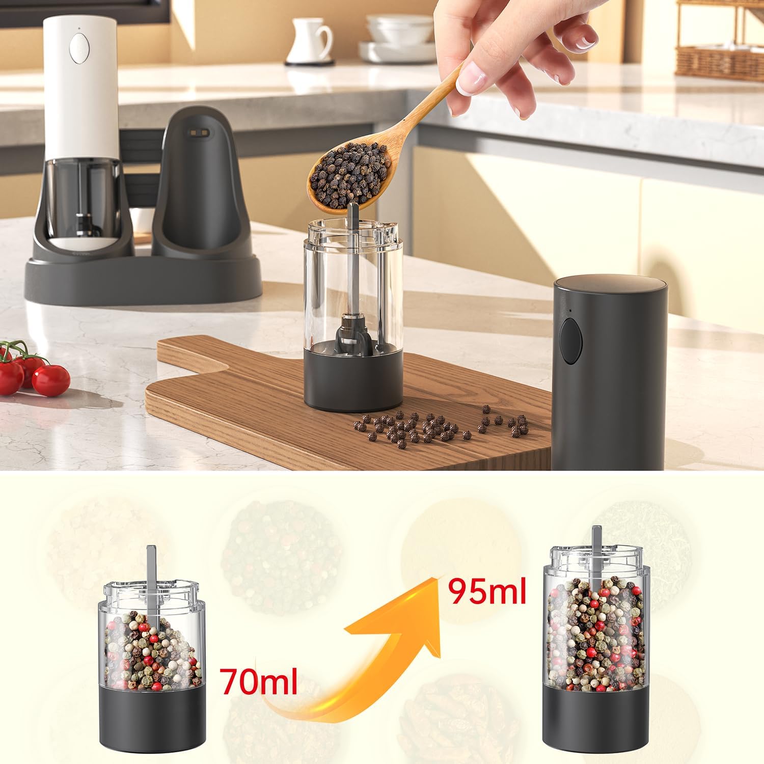 RECHARGEABLE - Electric Pepper and Salt Grinder Set, Adjustable Coarseness, With LED Light, One Hand Automatic Operation (C/Black&white)