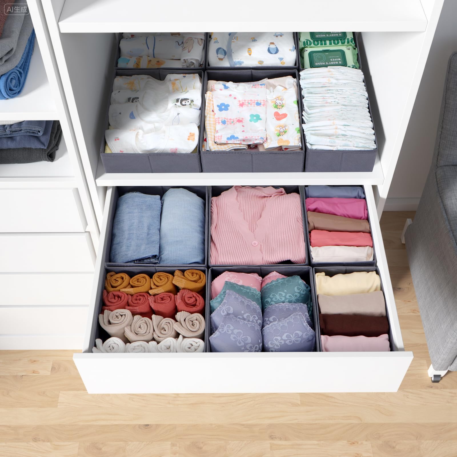 Lot de 12 organisateurs de tiroirs, compatibles avec l'armoire PAX, 75 x 58 cm, pliables et solides, boîtes de rangement robustes, pour vêtements, gris