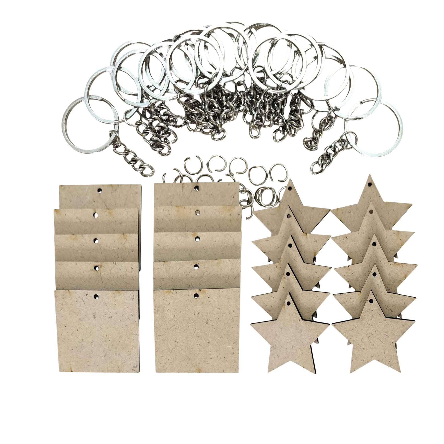 KReating Dot has Set Of 10 Units Each of 2 Inch Square and Star MDF Blank Boards with Nickel Key Ring Chains – Perfect for DIY Craft Projects, Dot Mandala and Paintings (2 Inch R X 3mm Thick | KRB_MDF_07)