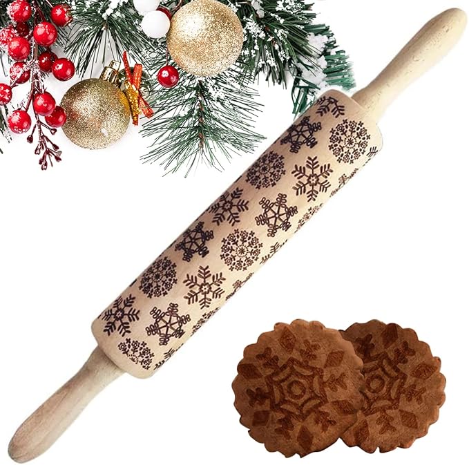Mattarello Decorativo In Legno Di Faggio Con Motivi Scandinavi Fiocchi Di Neve - 43 Cm Con 2 Maniglie