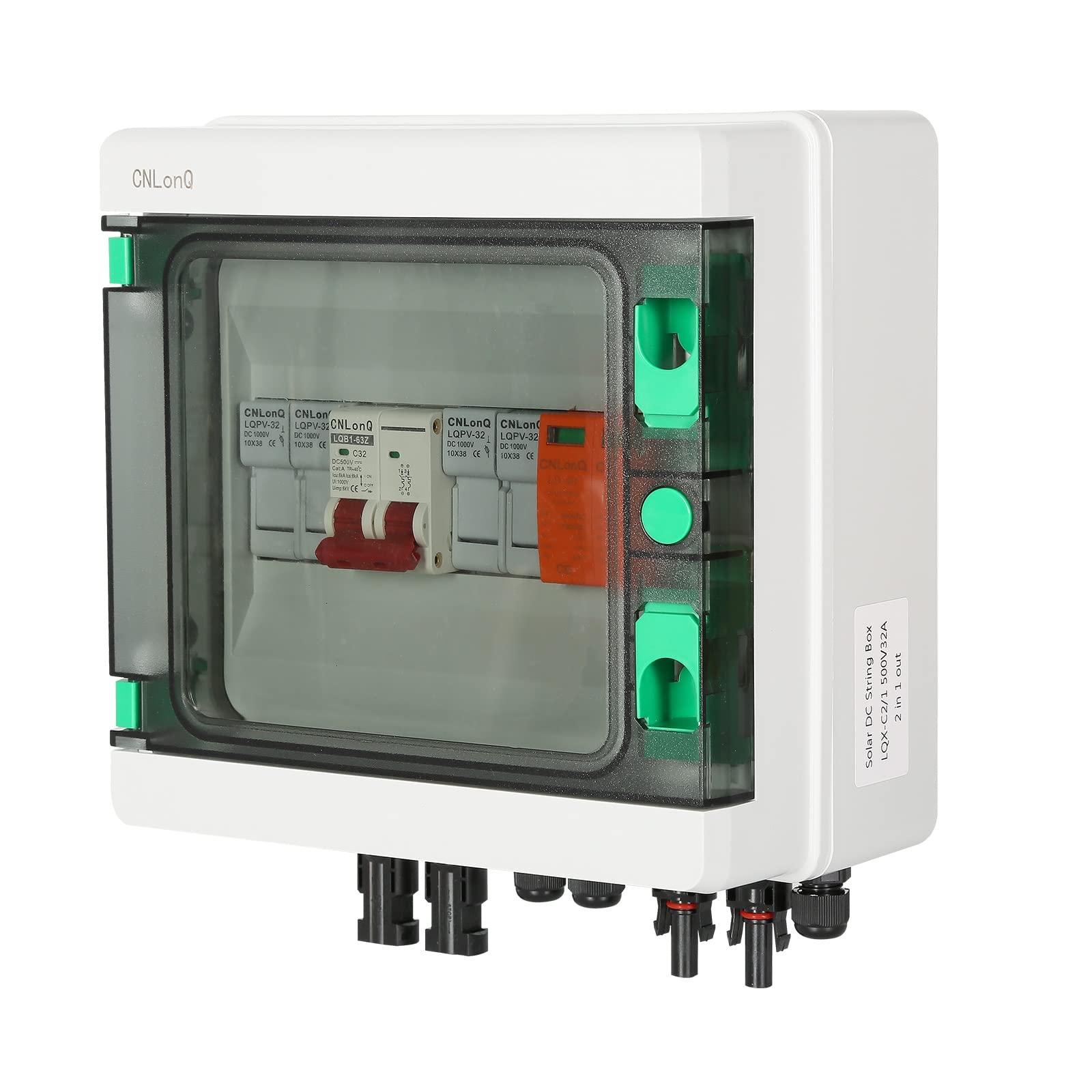 Scatola Combinatrice Fotovoltaica, Scatola combinatrice solare con interruttore automatico 500V 32A Parafulmine e connettore solare, per sistema di pannelli solari On/Off Grid, 2 in 1 out 2