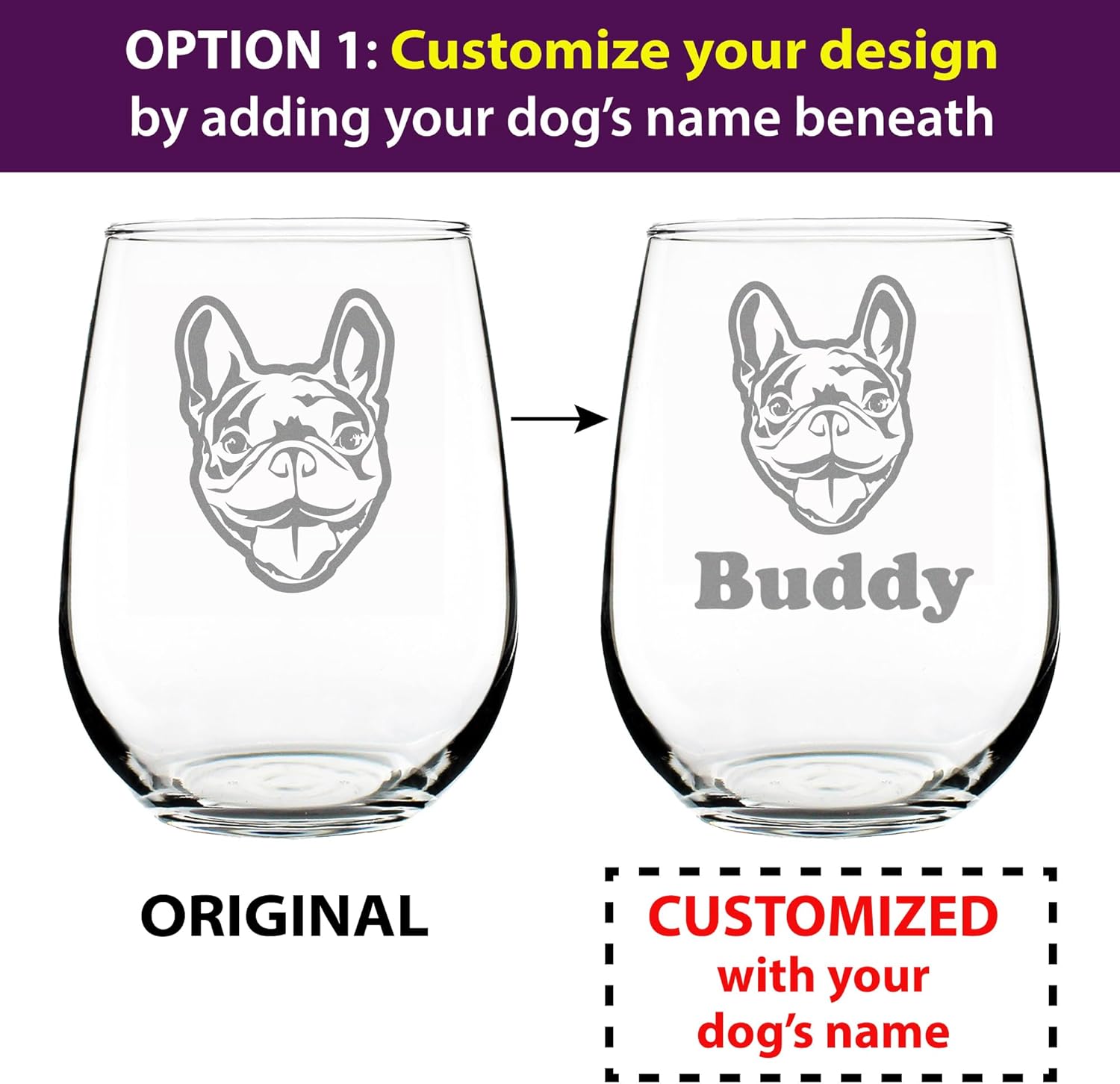 Custom Happy Frenchie - Stemless Wine Glass - Cute French Bulldog Themed Gifts or Party Decor for Women and Men - Large Glasses - Customized Glasses