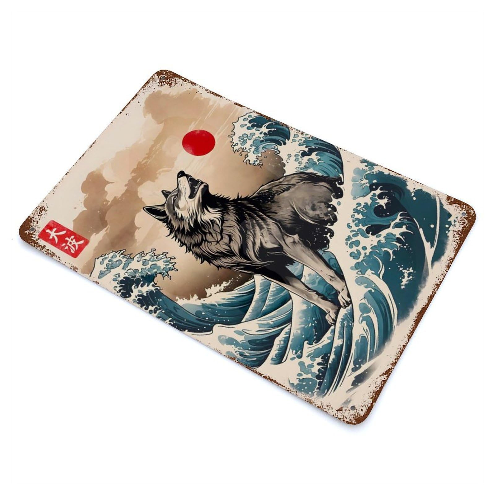 Retro Metal Sign with Great Wave of Wolf Design 11.8"x7.9", for Living Room, Hallway And Home Decor, Vintage Wall Decor