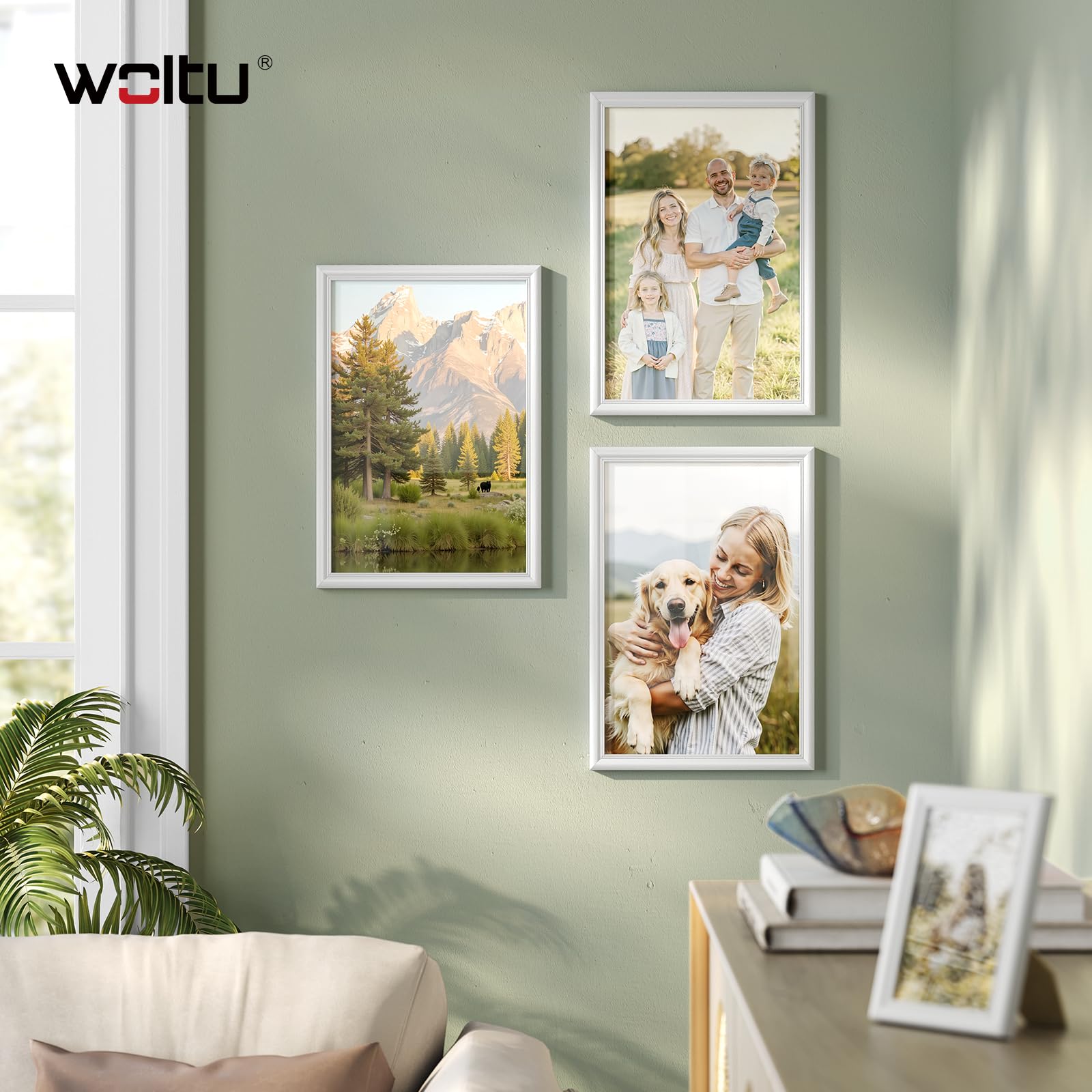 WOLTU Cornice per Foto 15x20cm Set di 10 Cornice da Parete e Tavolo, Portafoto in Legno Massello e Pannello in Plastica, Collage Foto, Bianco