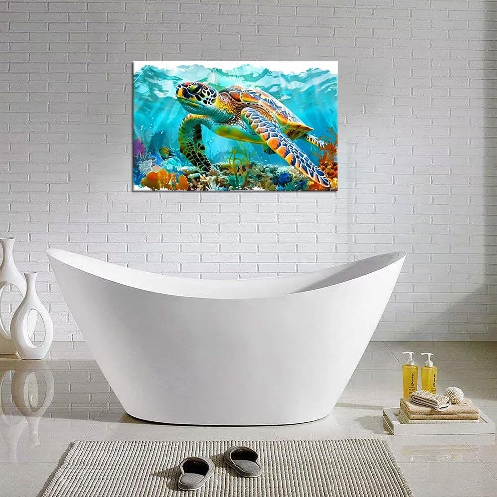 Pankila Sea Turtle Wall Art for Bedroom Ocean Pictures Tropical Fish and Coral in Blue Ocean Canvas Wall Art Underwater World Natural Landscape Home Decor Framed Artwork (24''H x 36''W)