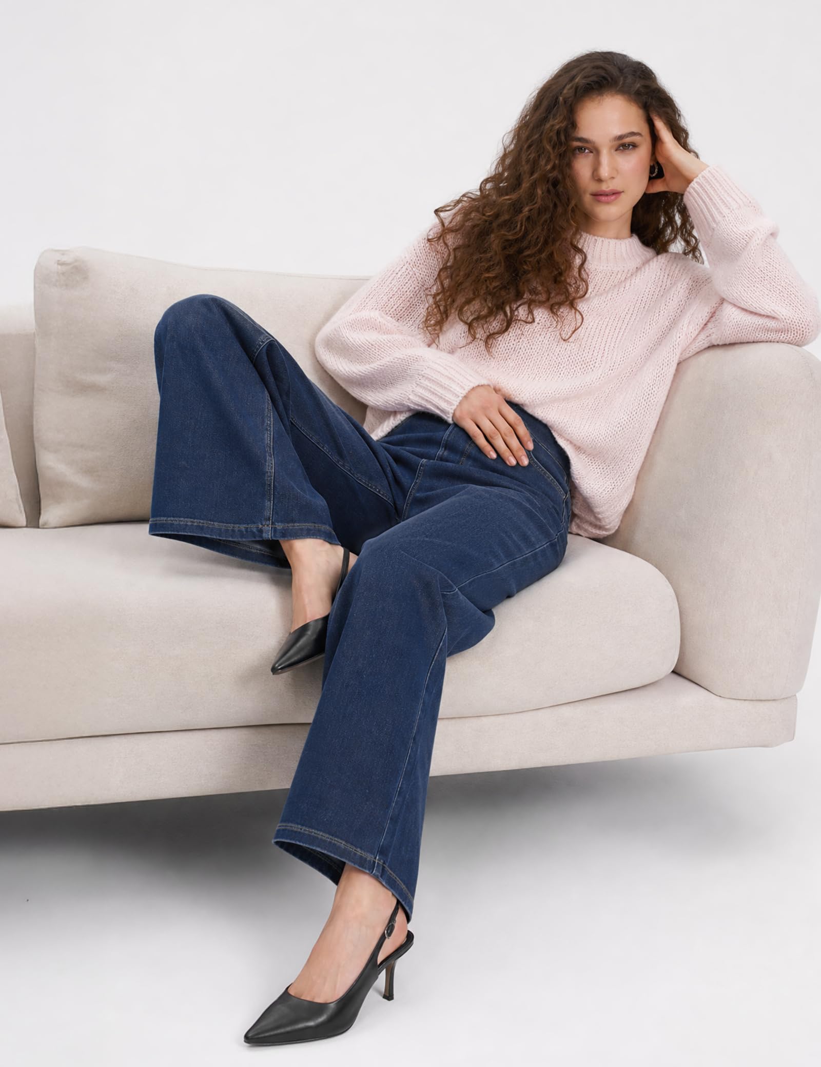 Jean Femme,Pull on Wide Leg Taille Haute Jeans