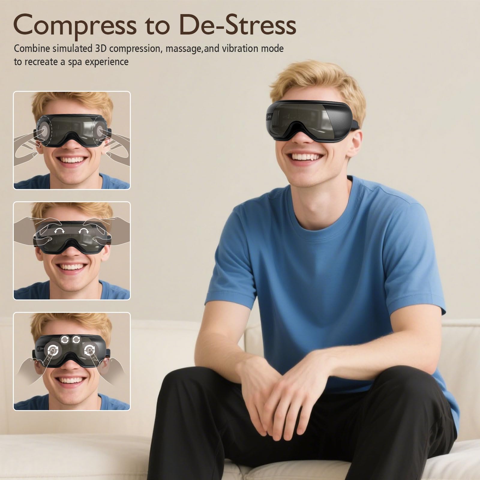 Masajeador de Ojos con Calor y Bluetooth, Máscara Ocular Plegable contra Fatiga, Regalos Día del Padre, Regalo para Hombres, Papá, Relajación, Negro
