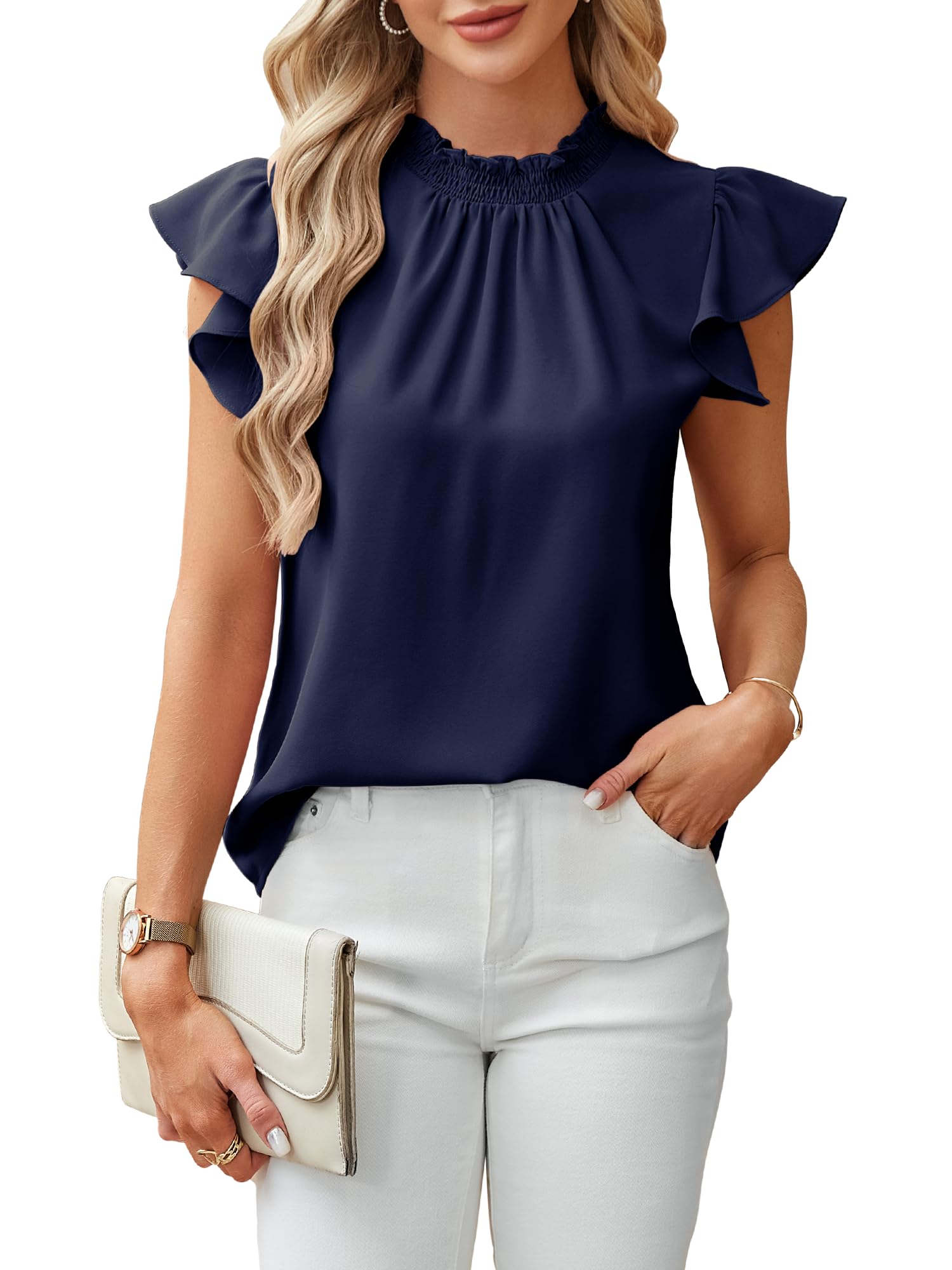 Toplop Tshirt Damen Sommer Kurzarm Rüschenärmel Bluse Shirt Elegant Mock Neck Oberteil Tunika Tops