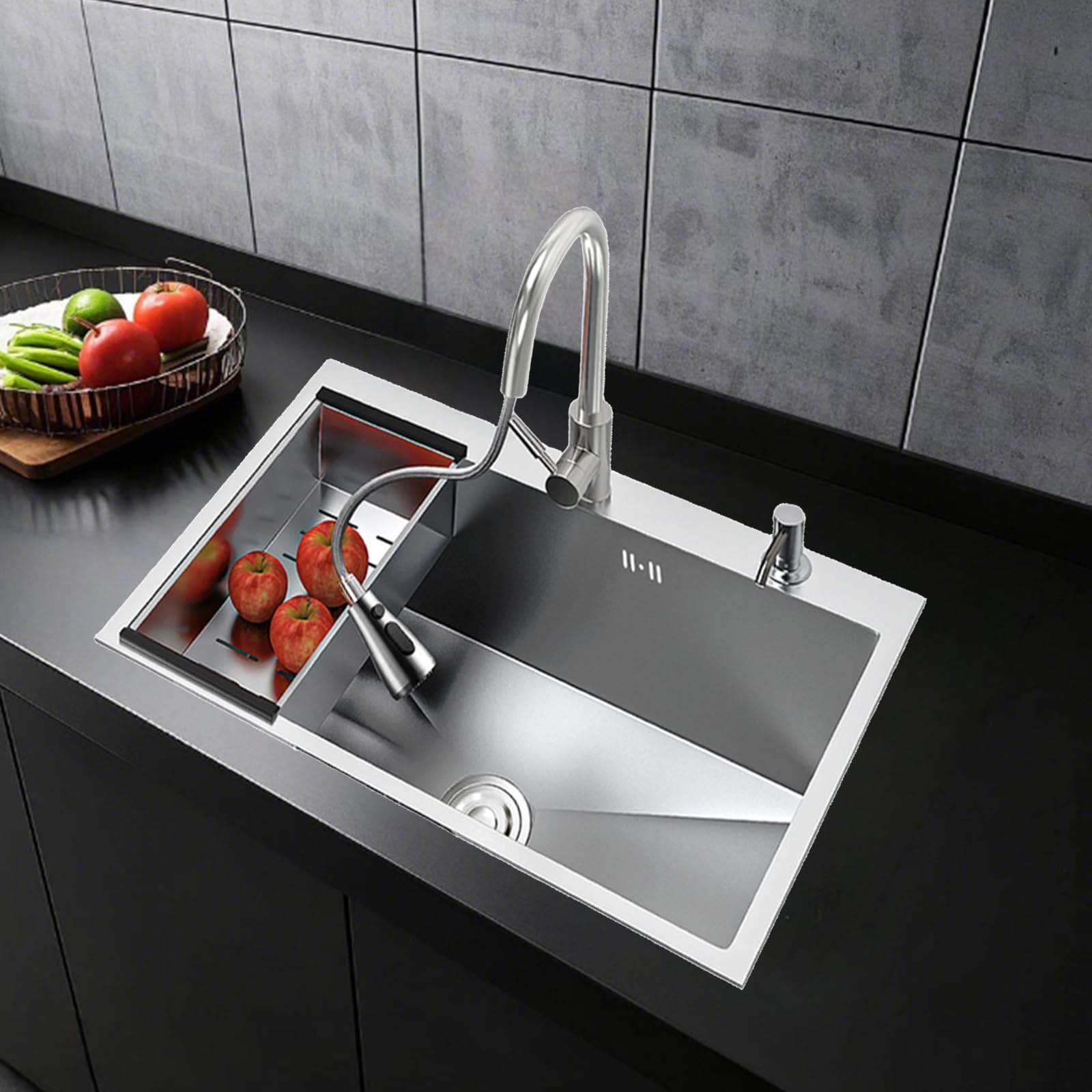 ZQFHSX Modern 80x50cm Black Single Bowl Kitchen Sink with Drainboard & Soap Dispenser Includes Siphon Overflow and Drain Stylish for Contemporary Kitchens (BXG)