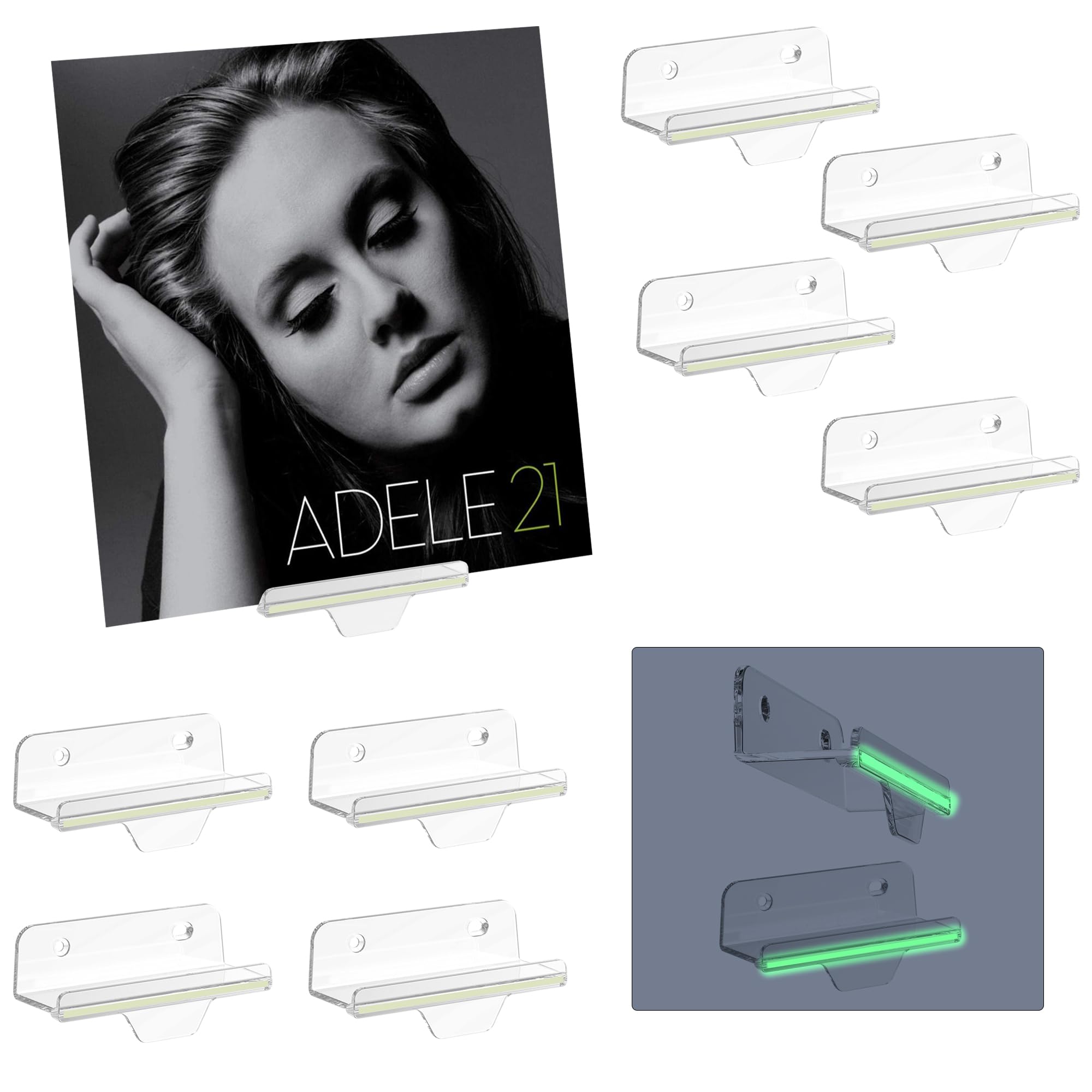 TERDEWE Paquete de 10 estantes de vinilo transparente de 4 pulgadas, soporte de pared para discos de vinilo con tira fluorescente, soporte transparente para álbum de vinilo, DVD, fotos, maquillaje,