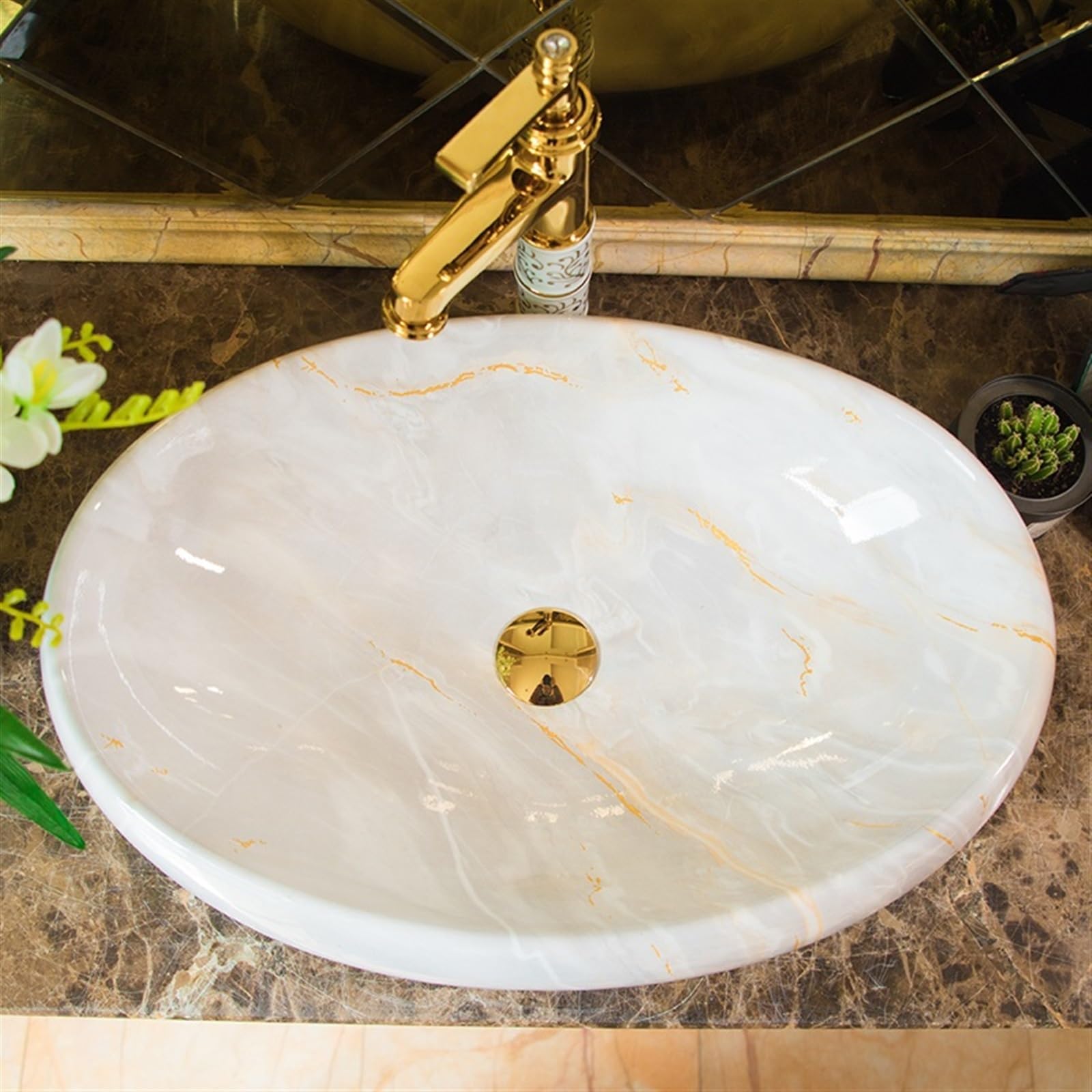 Lavabo De Encimera De Cerámica Ovalada con Accesorios Lavabo De Cerámica Pequeño para Baño Lavabo De Encimera De Cerámica con Textura De Imitación De Mármol