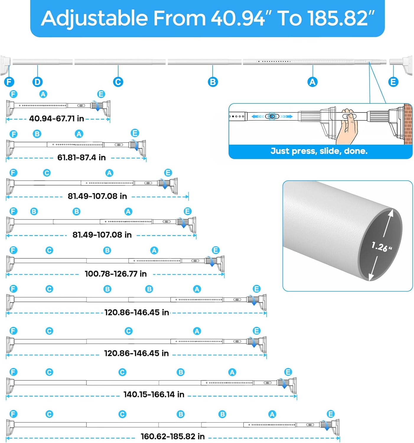 Tension Curtain Rod 41-185 In (4-15ft), Extra Long Tension Rod No Drilling For Patio Windows, White Shower Curtain Rod For Room Divider,One-Click Telescopic Rod, Outdoor Curtain Rods Never Rust White 41-185IN-1PCS
