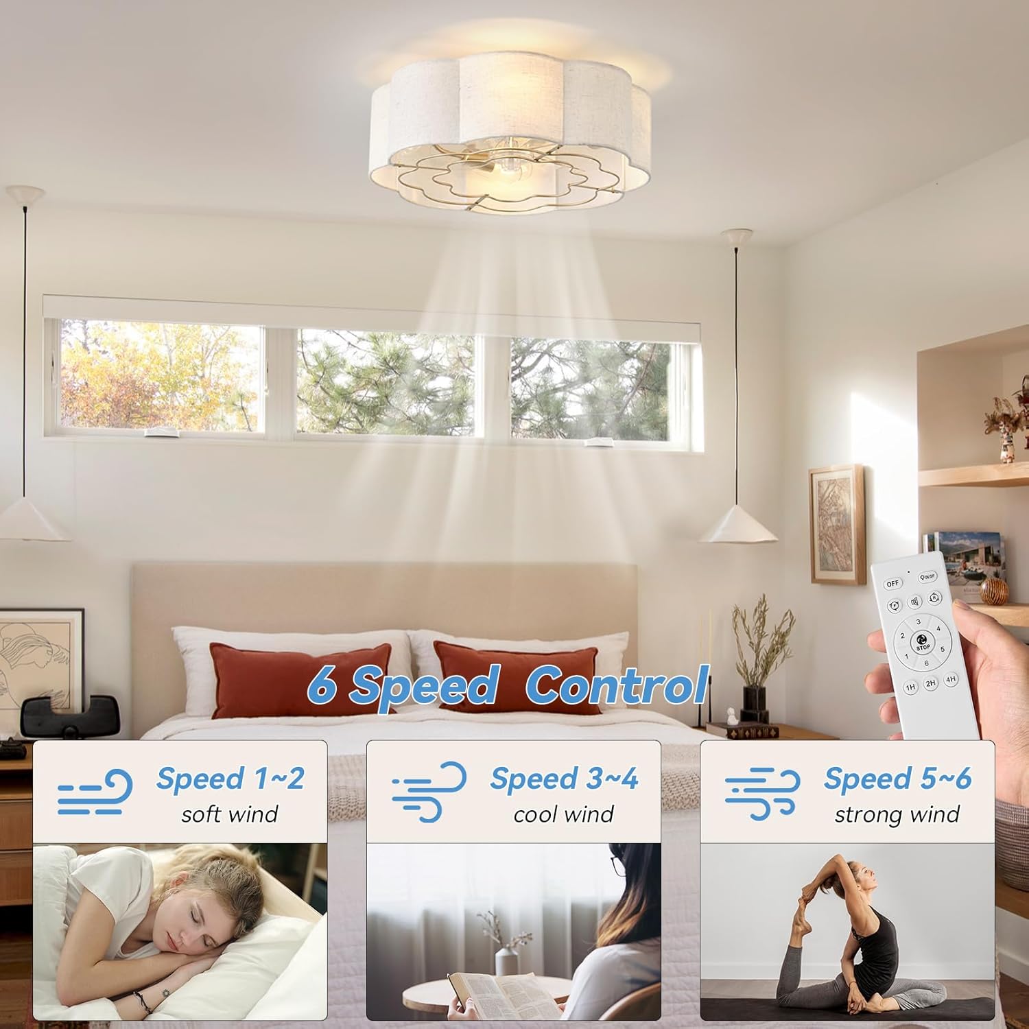 20" Low Profile Ceiling Fan with Light, Caged Flush Mount Ceiling Fan with Light Remote Control, Boho Bladeless with 6 Speeds for Bedroom, Nursery, Living Room.