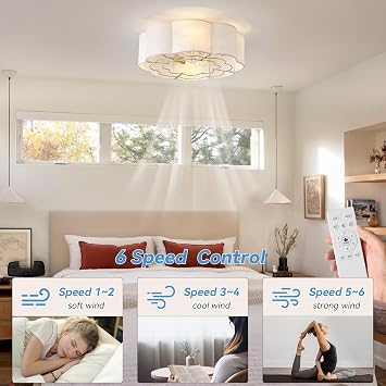 20 Low Profile Ceiling Fan with Light, Caged Flush Mount Ceiling Fan with Light Remote Control, Boho Bladeless with 6 Speeds for Bedroom, Nursery, Living Room.