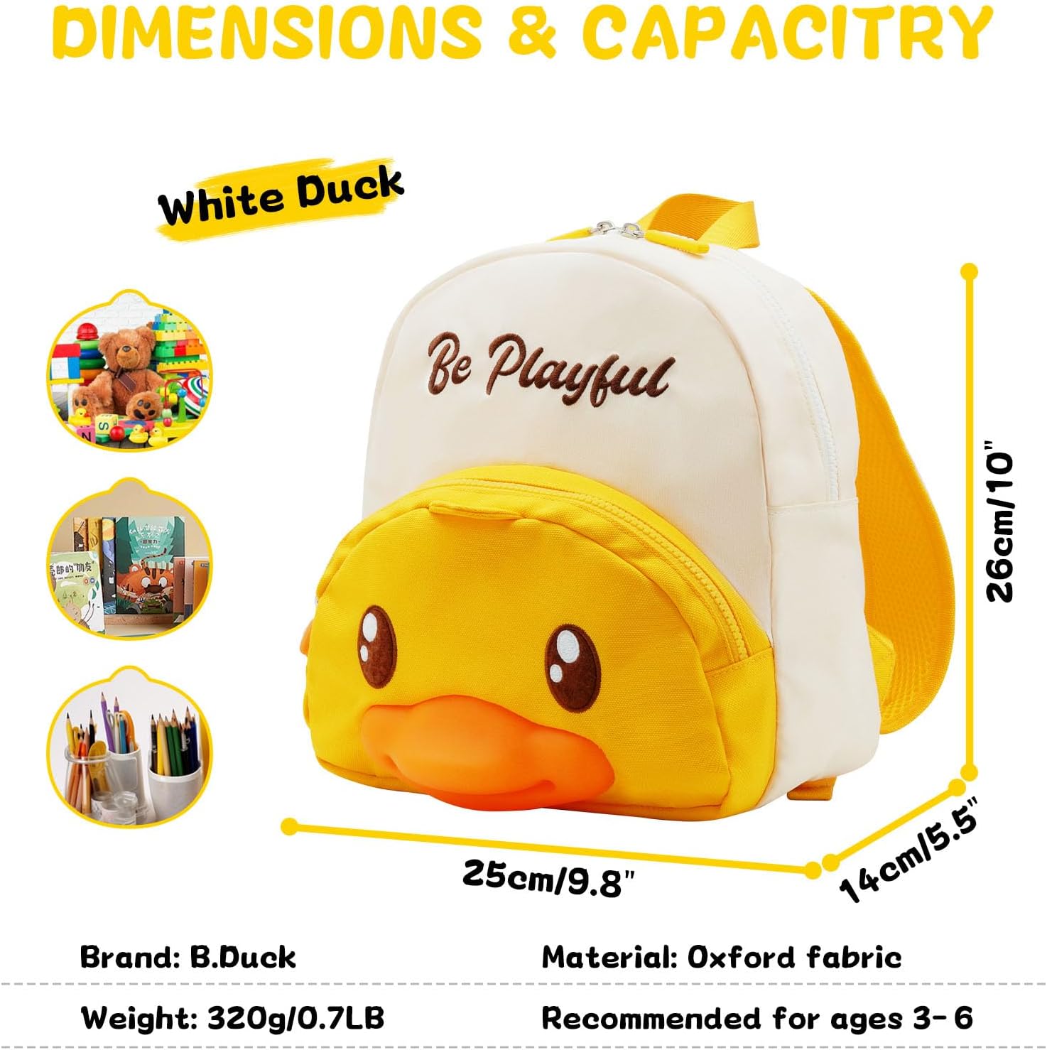 B.Duck Plush Backpack Cute Duck Design with Zipper Shoulder Bag for Gifts (Age 3-7 (11" h), 01 White Duck)
