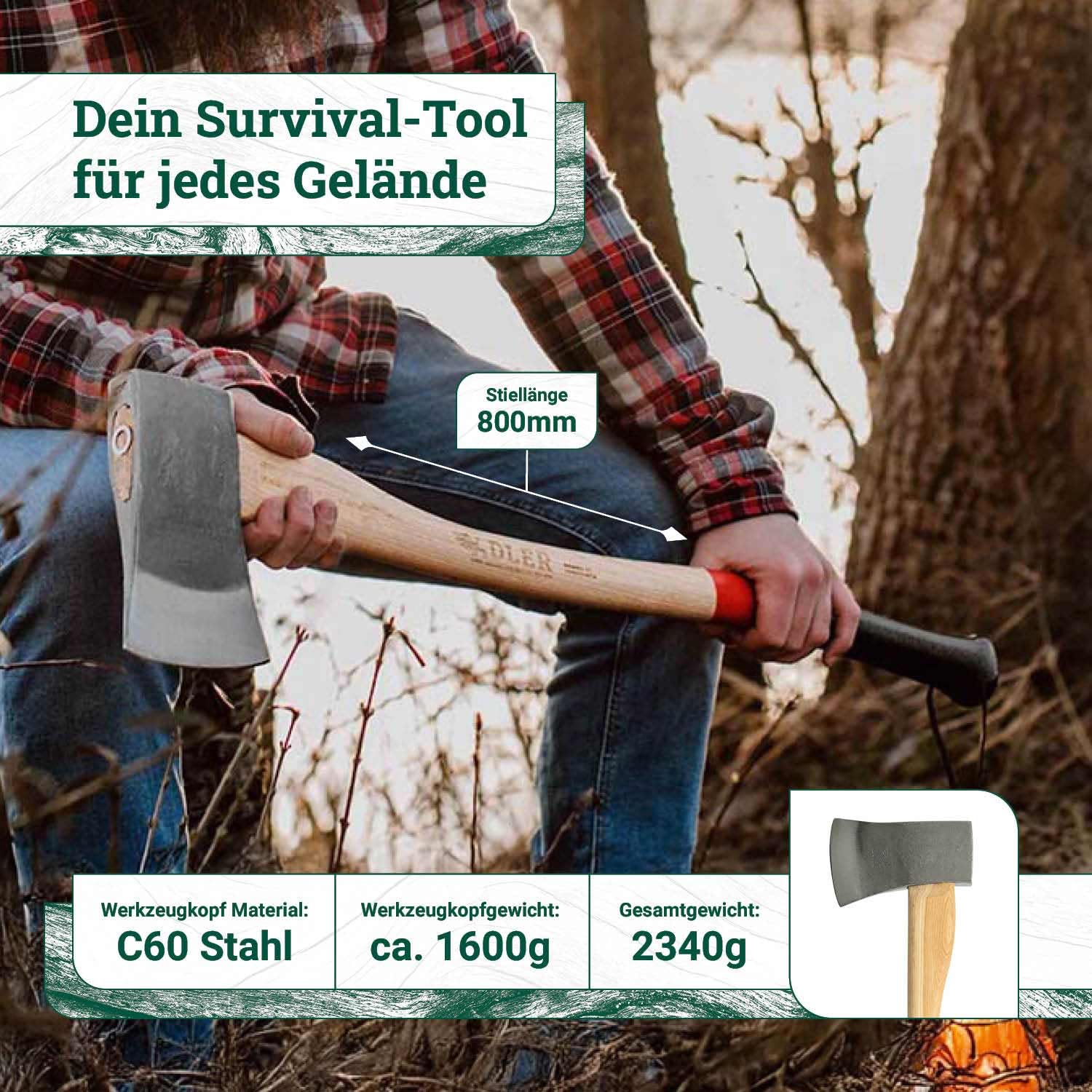 ADLER Yankeeaxt Fällaxt 1600g 80 cm C60 Hickorystiel Spalten Grün