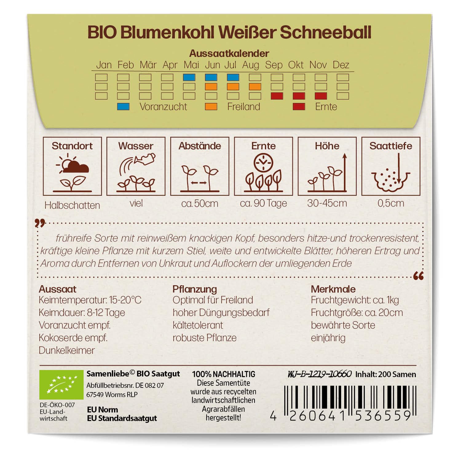 BIO Blumenkohl Samen ‚Weißer Schneeball‘ – Samenfest & Für Balkon & Beet!
