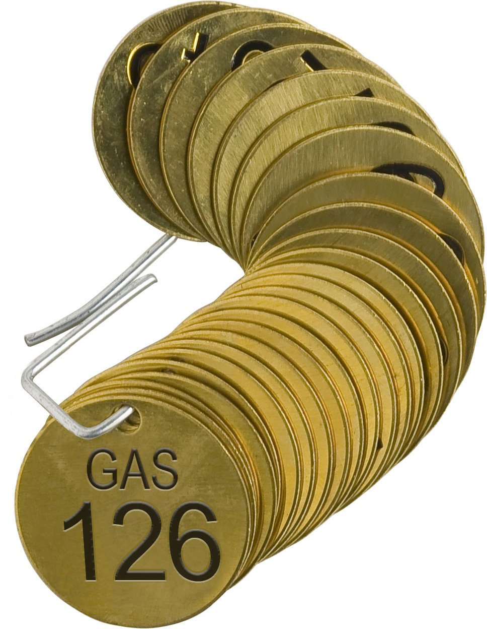 Brady 234491 1/2" Diameter Stamped Brass Valve Tags, Numbers 126-150, Legend "Gas" (25 per Package)