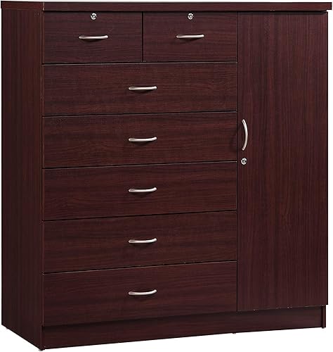 Miniatura 9 de HODEDAH IMPORT cómoda de 7 cajones con puerta adicional de madera de haya Caoba Mahogany