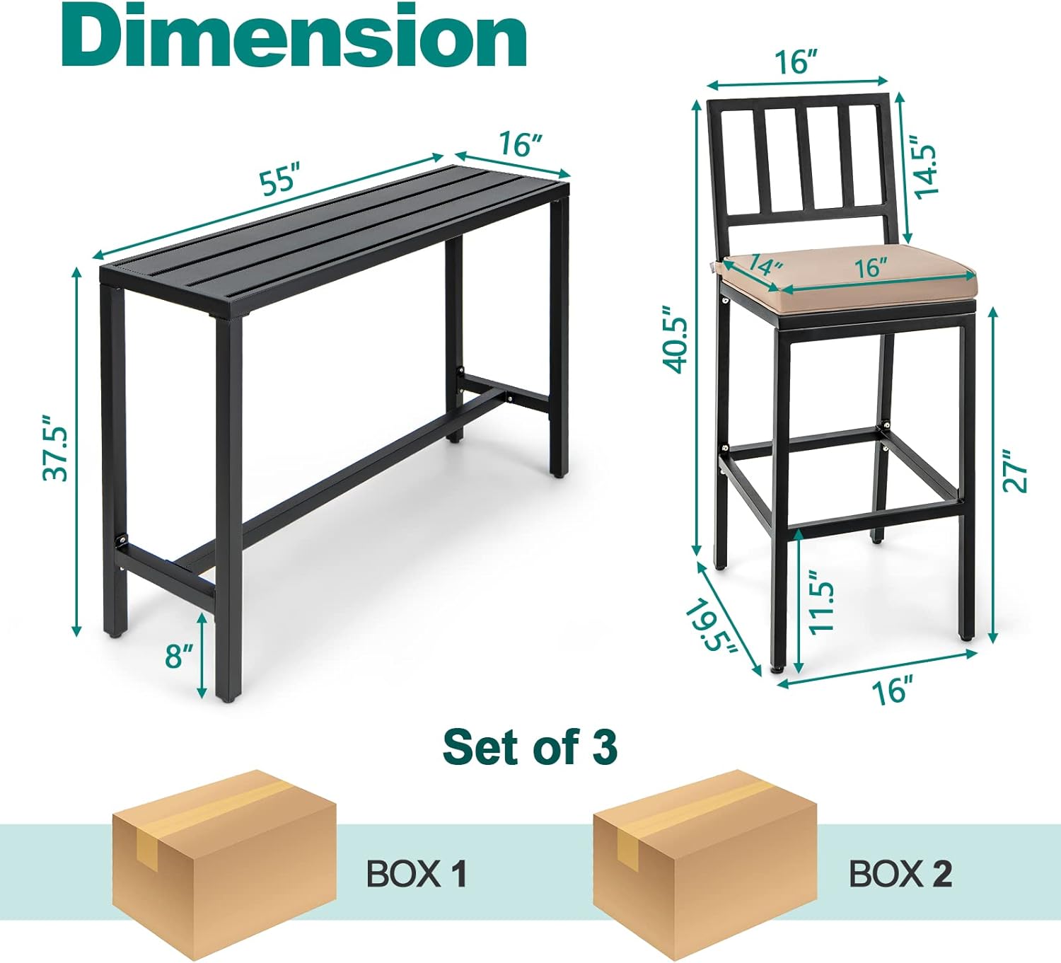 COSTWAY 3 Piece Outdoor Patio Bar Set, 55" Rectangular Pub Height High Top Bar Table with 2 Cushioned Bar Stools, Metal Bar Table and Chairs Set for Balcony, Backyard, Porch