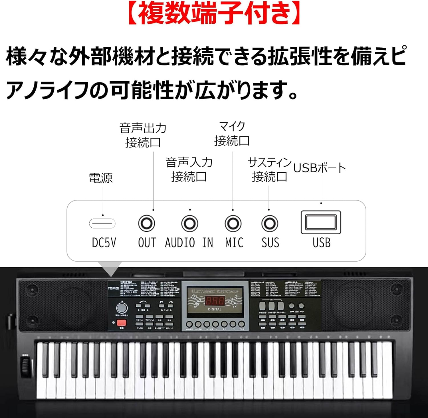 電子ピアノ アプリ連動 鍵盤光る 日本語パネル】 トモイ TOMOI 電子キーボード 61
