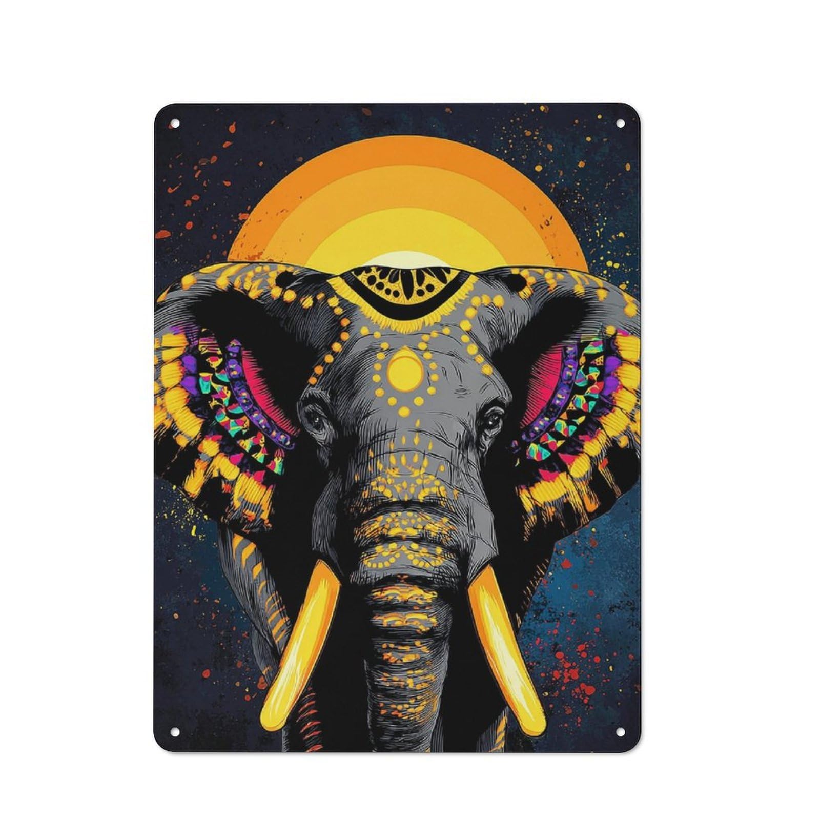 Colorful Elephant Sunset Art Print Decorative Metal Sign 40x30cm, Creative Studio Wall Plaque for Hobby Room, Office, Lounge Or Living Room
