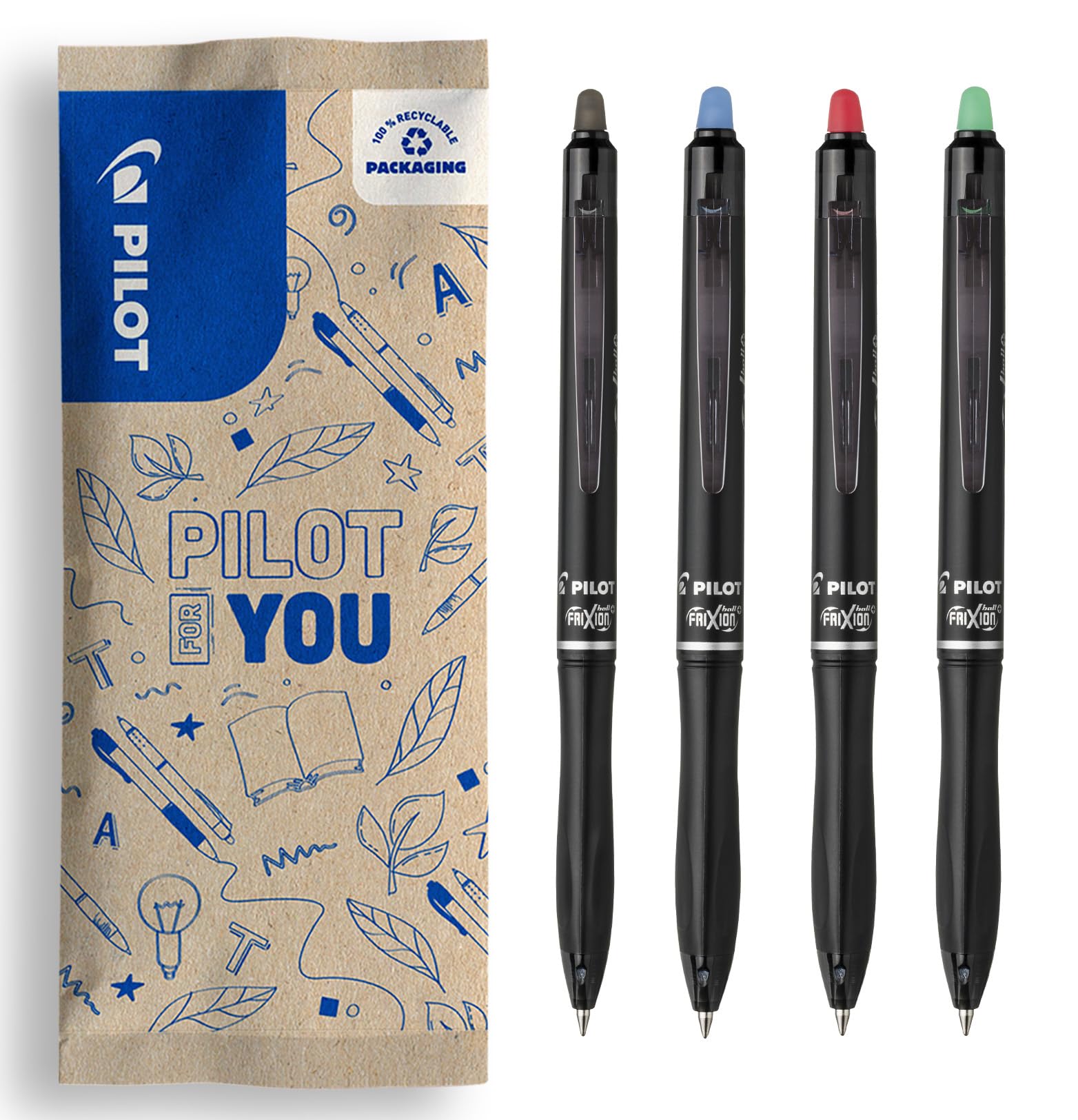Set of 4 FriXion Ball Plus - Ergonomic Eraser Pens - Retractable & Refillable - Made of Recycled Plastic - Black by PILOT – 1 Count (Pack of 1), Plastic, Model FLW490463PCE