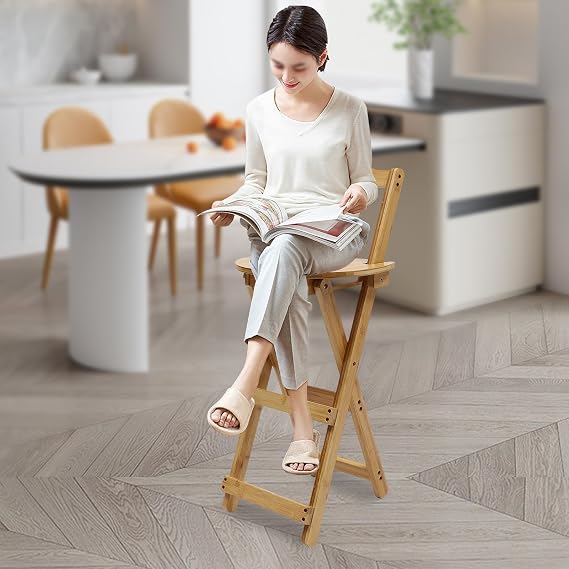 Folding Bamboo Bar Stool,Kitchen Counter Height Stools with Backrest & Footrest,X-Shaped Leg Structure/Foldable Design, for Pubs, Counters, Homes, Kitchens,Foot Height 24.8in.