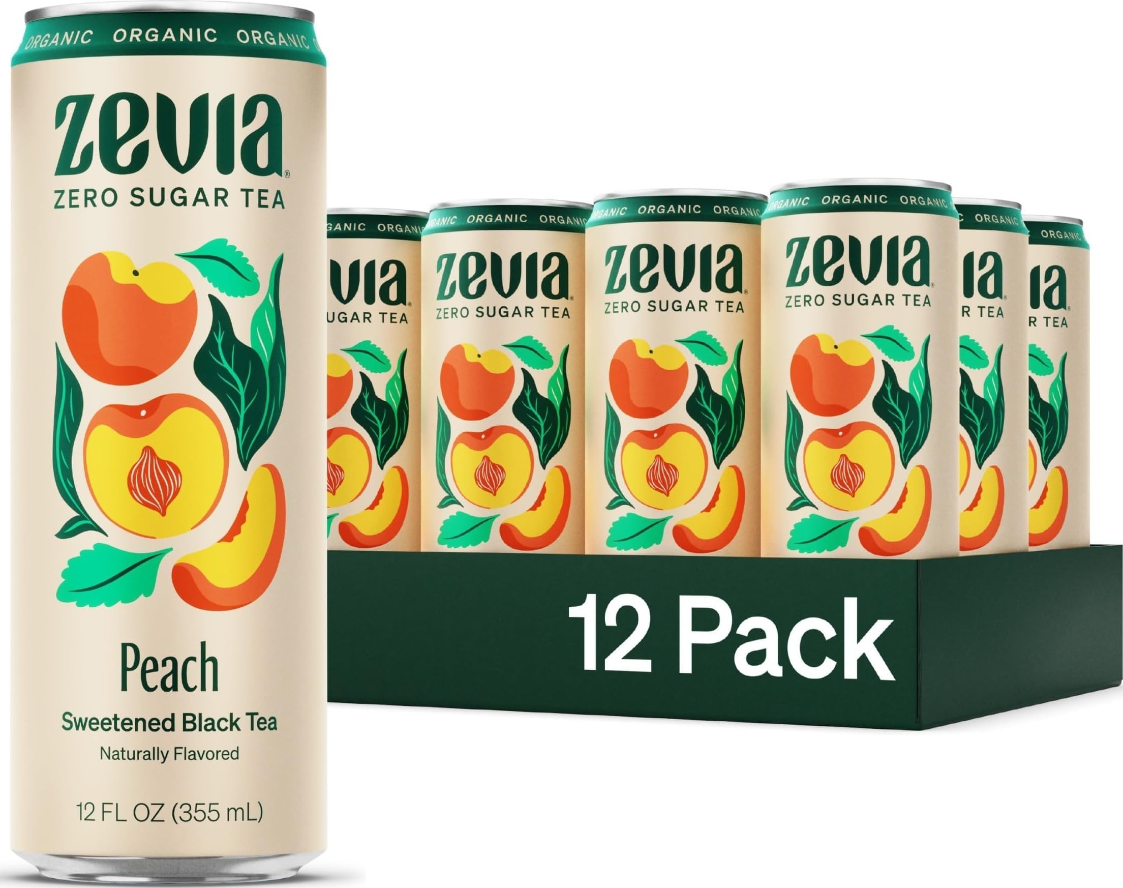Zevia Zero Sugar Tea, Black Tea with Peach, 12 oz Cans (12-Pack) โ Naturally Sweetened, Zero Calorie Sugar Free - Non-GMO Project Verified, Gluten-Free, Vegan