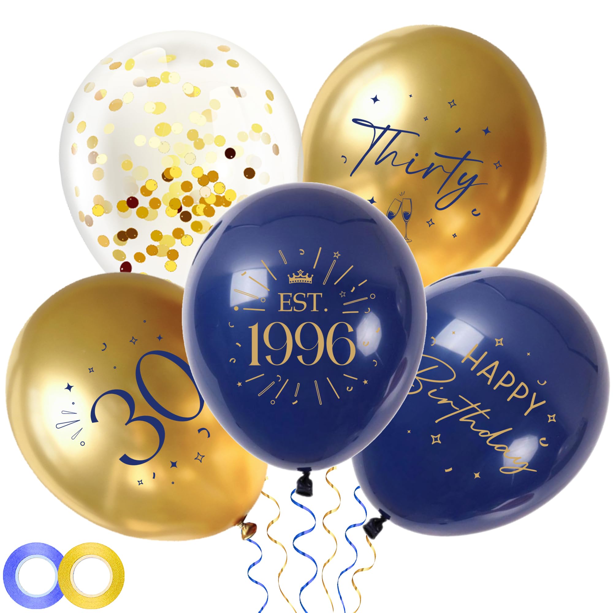 30th Birthday Decorations Party Balloons - 30pcs Blue Gold 30 Balloons for Men, Thirty Latex Balloon with Ribbon for 30 Year Old Party