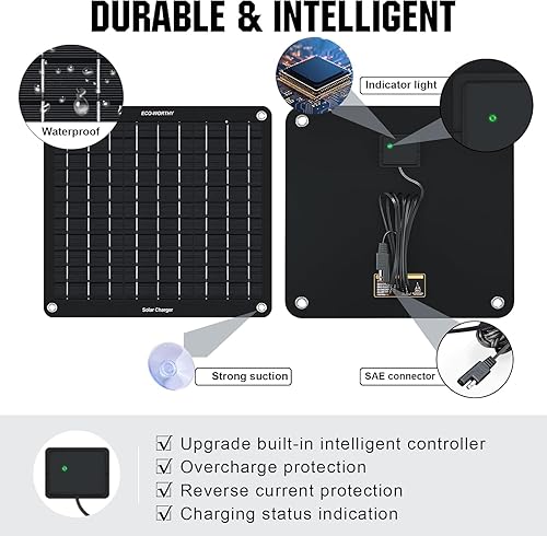 Miniatura 6 de ECO-WORTHY OBDII Cargador de Batería Solar de Goteo Mejorado de 10W Mantenedor - Panel Solar Impermeable de 12V Kit de Cargador de Goteo con Soporte