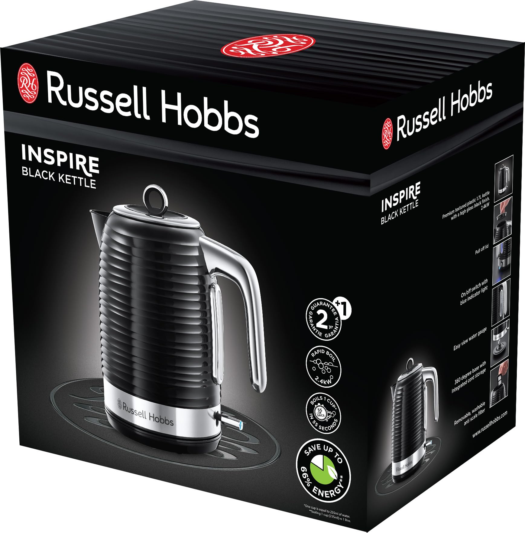Russell Hobbs Hervidor de Agua Eléctrico Inspire, 1,7 litros, 2400 W, Filtro Extraíble, Zona de Ebullición Rápida, Base de 360°, Indicador Nivel de Agua, Plástico Texturizado, Negro, 24361-70