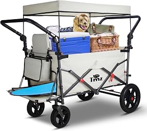 TMZ Collapsible Folding Wagon with Adjustable Handle Bar,Foldable Wagon with Canopy, Pet Stroller with Seats and Seat Belts,Front Expandable Transport Camping Wagon for Picnicking (Beige)