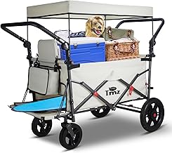 TMZ Foldable Wagon with Canopy, Collapsible Folding Wagon with Adjustable Handle Bar, Multi Functional Cart with Expansion Accessories, Front Expandable Transport Camping Wagon(Beige)